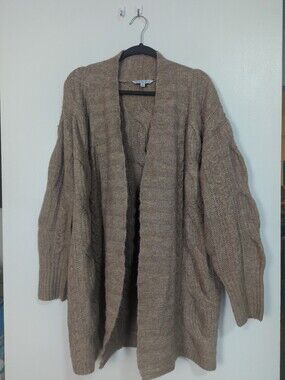 Ophelia Roe Size XL Beige Chunky Cable Knit Open Front Cardigan Sweater